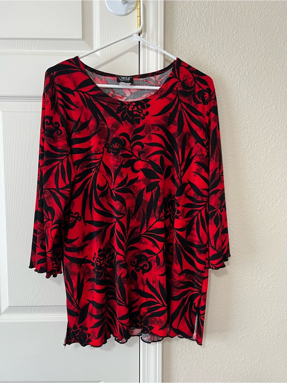 Jostar Red Black Floral Tunic Top XL Made in USA Bell Sleeve Y2K